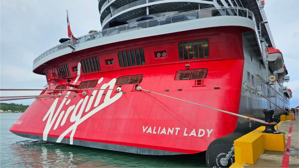 rear view of virgin voyages cruise ship