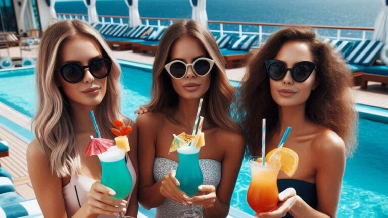 3 women on pool deck