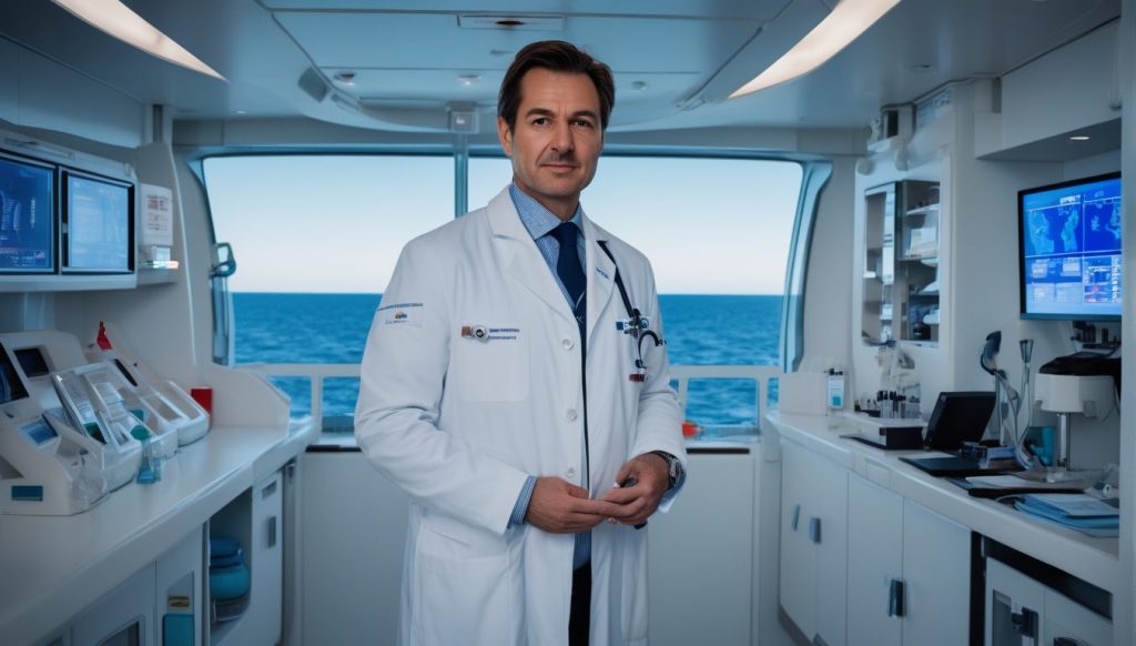 A professional cruise ship doctor stands confidently in a modern onboard medical bay