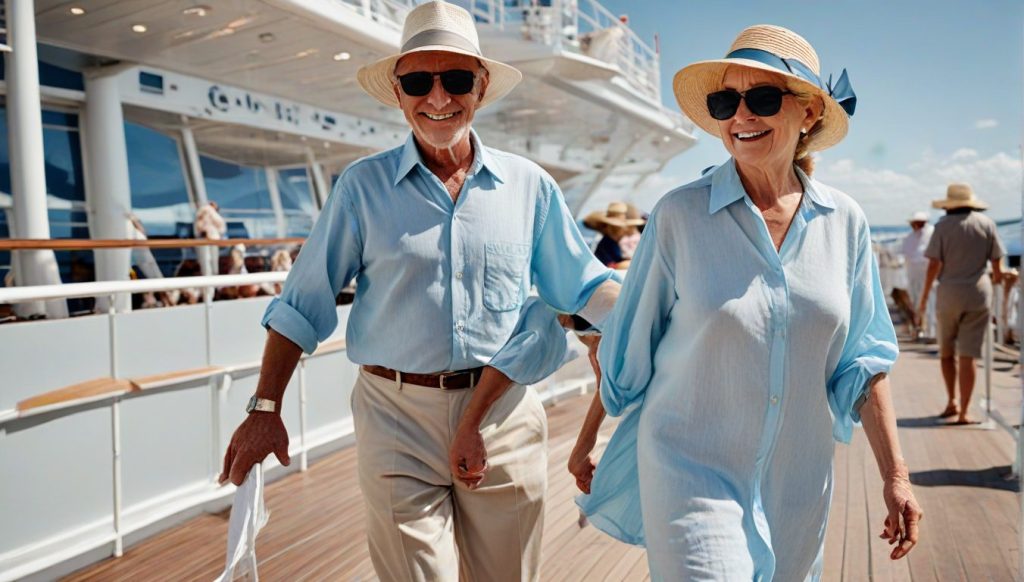 An older couple in their 60s or 70s dressed in elegant resort attire walk hand in hand along the ope 217987777