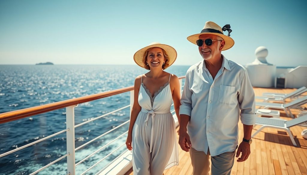 An older couple in their 60s or 70s dressed in elegant resort attire walk hand in hand along the ope 3623378383