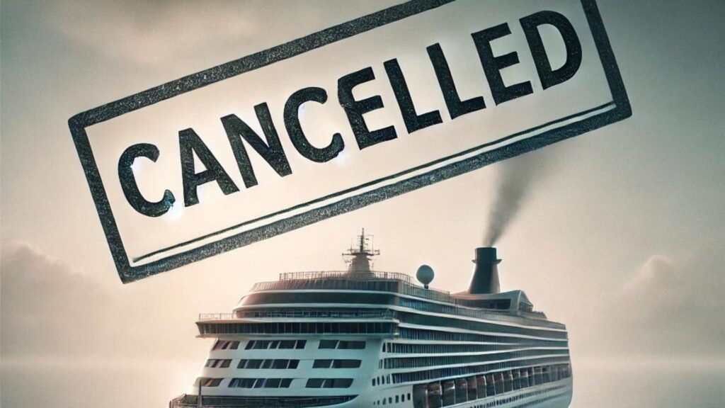 A high resolution image of a cruise ship at sea with a subtle overlay of a cancellation stamp across it.