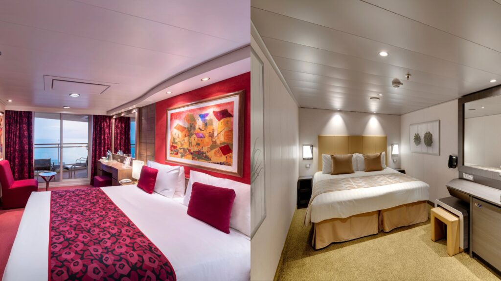 Split screen image of balcony cabin and inside cabin
