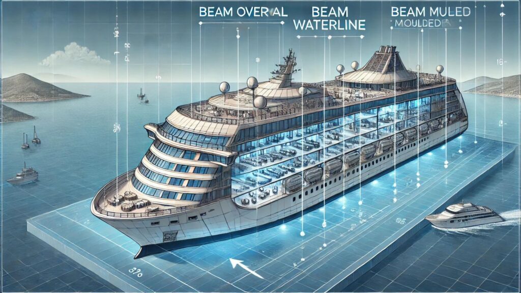 cruise ship beam A widescreen technical illustration of a cruise ship with emphasis on the beam