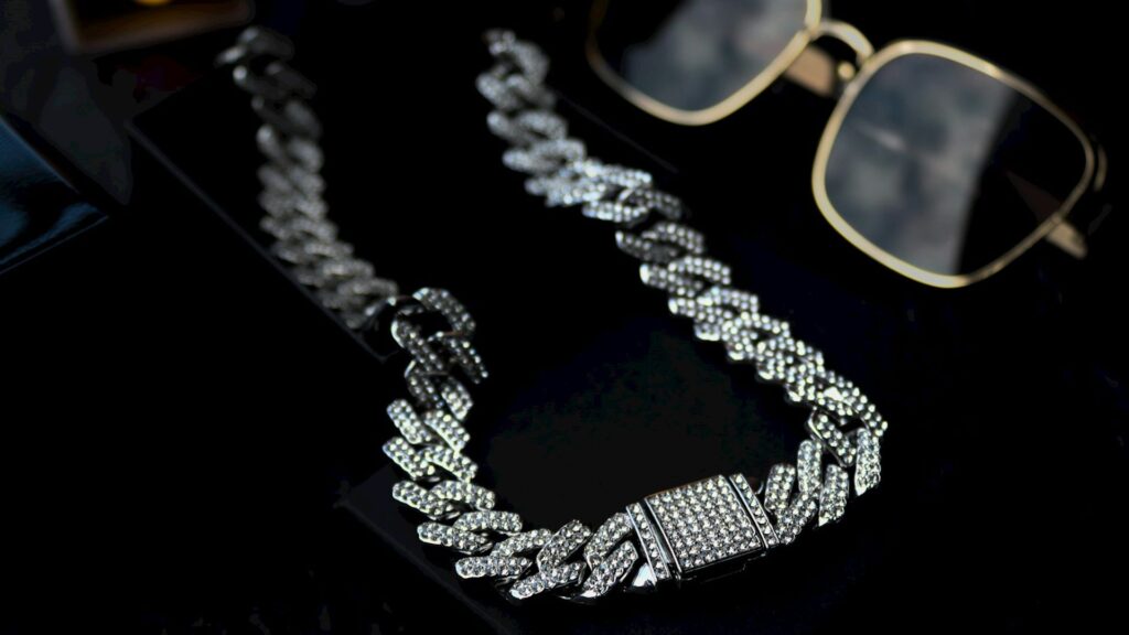 diamond necklace and sunglasses