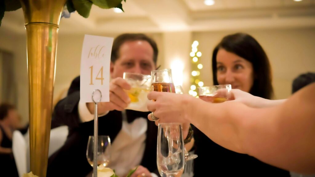 couple in formal clothes dining at a fine restaurant