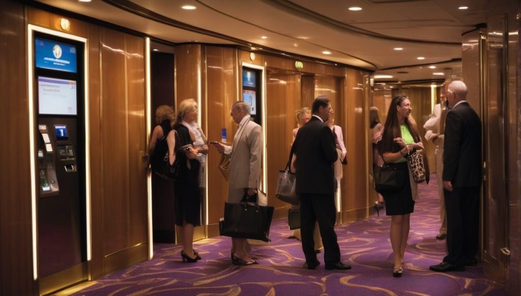 A group of cruise passengers stands casually in front of a bank of elevators inside a modern cruise ship