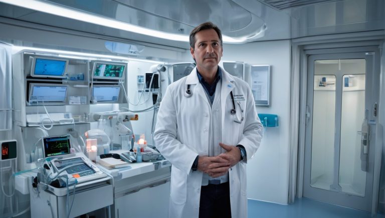 A professional cruise ship doctor stands confidently in a modern onboard medical bay