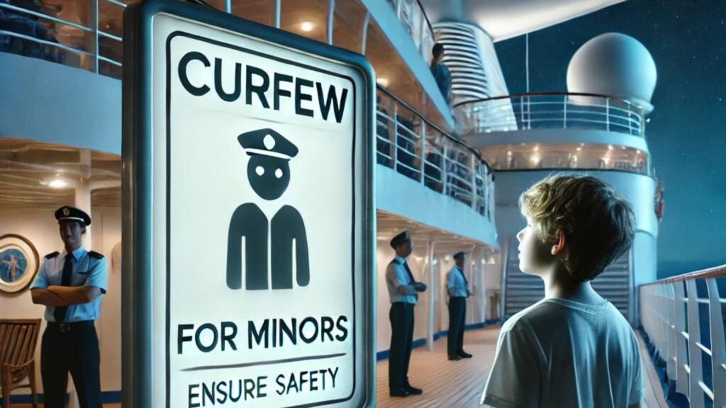 Curfew for minors A high resolution image of a cruise ship at night with a clearly visible curfew sign for minors