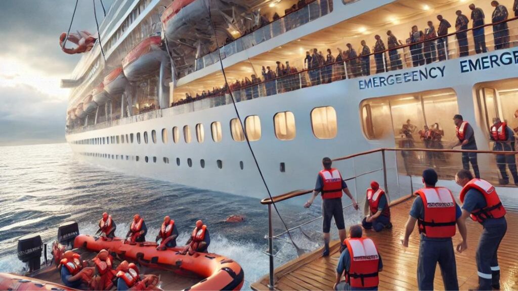 Emergency Evacuation A high resolution, realistic image of a cruise ship in an emergency evacuation scenario