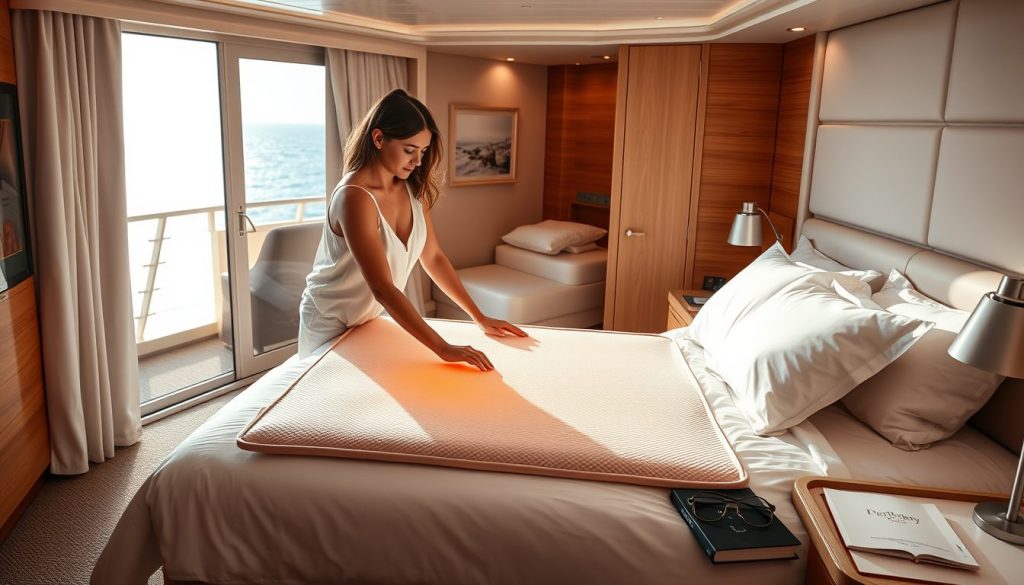 Inside a spacious modern cruise ship cabin a woman in relaxed resort attire gently places a soft hea 1760459699