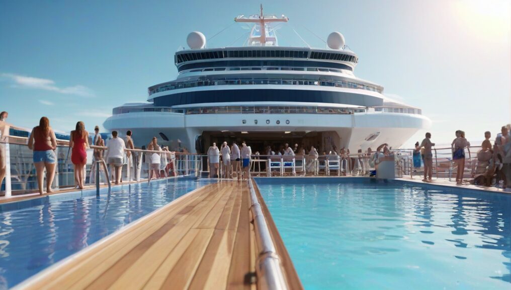 cruise ship pool deck with bright sun and blue skies people partying on the pool deck