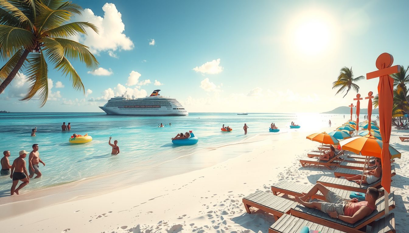A breathtaking and photorealistic image of a beautiful Caribbean beach where the sun shines brightly