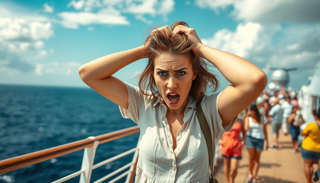 A dramatic and intense image of a woman standing on the deck of a cruise ship with her hands on her head