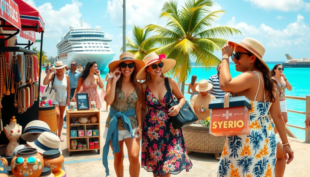 A lively and colorful image of a group of women excitedly shopping at a Caribbean cruise port