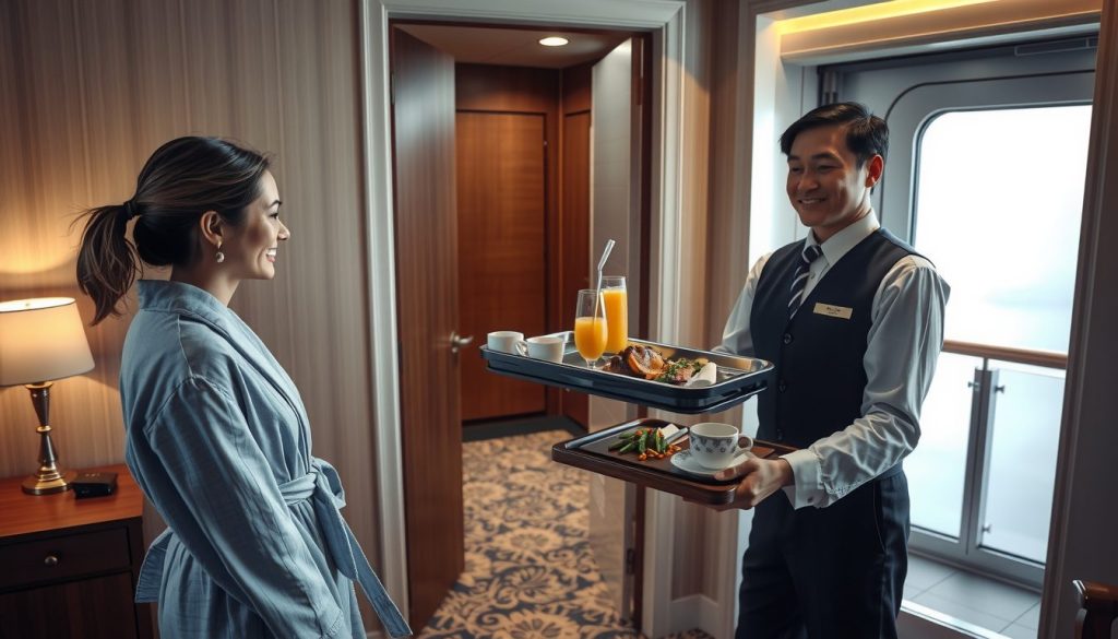 A photorealistic image capturing the moment a room service attendant delivers food to a cruise cabin