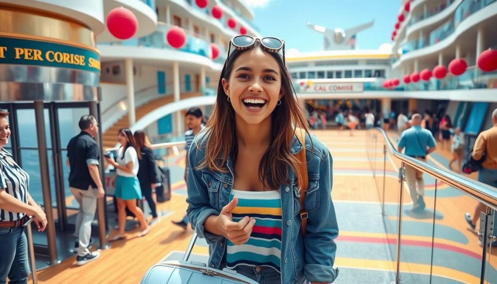 A vibrant and energetic image of a 20 year old woman excitedly stepping onto a cruise ship for the first time