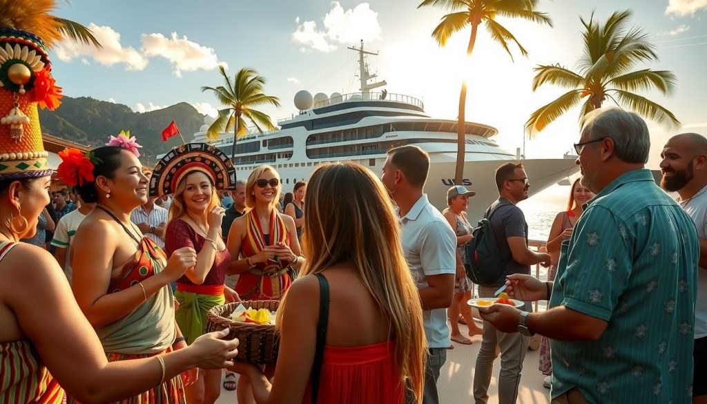 A vibrant and immersive image of cruise ship passengers engaging in a cultural experience at port