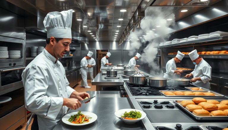 a bustling kitchen galley on a cruise ship where a team of professional chefs prepare meals