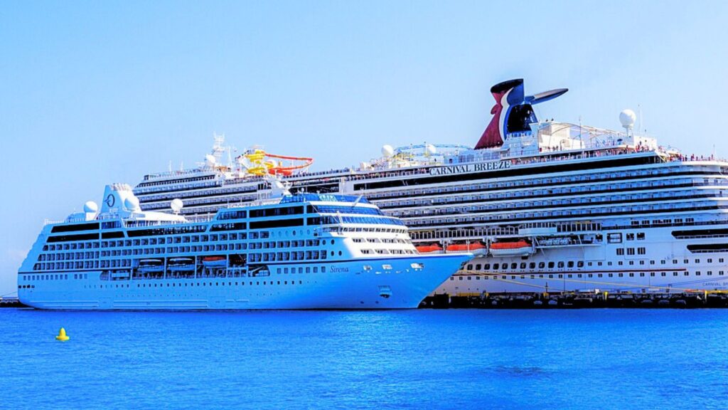 large and small cruise ship in port