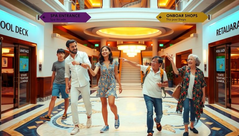 A lively and heartwarming image of a family inside a luxurious cruise ship atrium preparing to go in different directions