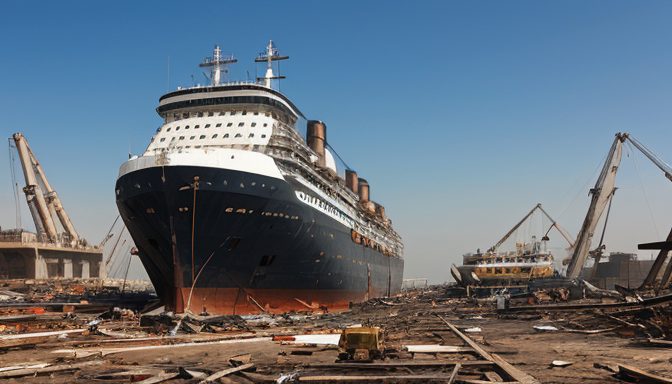 A photorealistic image of a massive cruise ship being disassembled at a shipbreaking yard