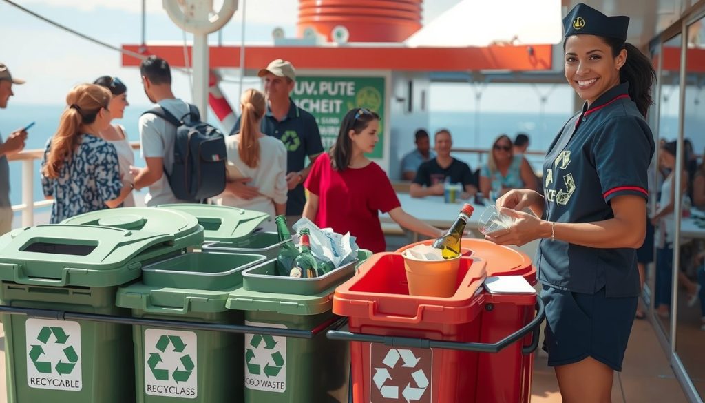 A photorealistic image that conveys the concept of recycling on a cruise ship