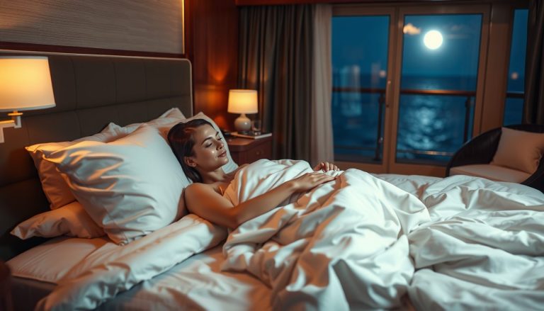 A serene and elegant image of a beautiful woman sleeping soundly in her luxurious cruise cabin