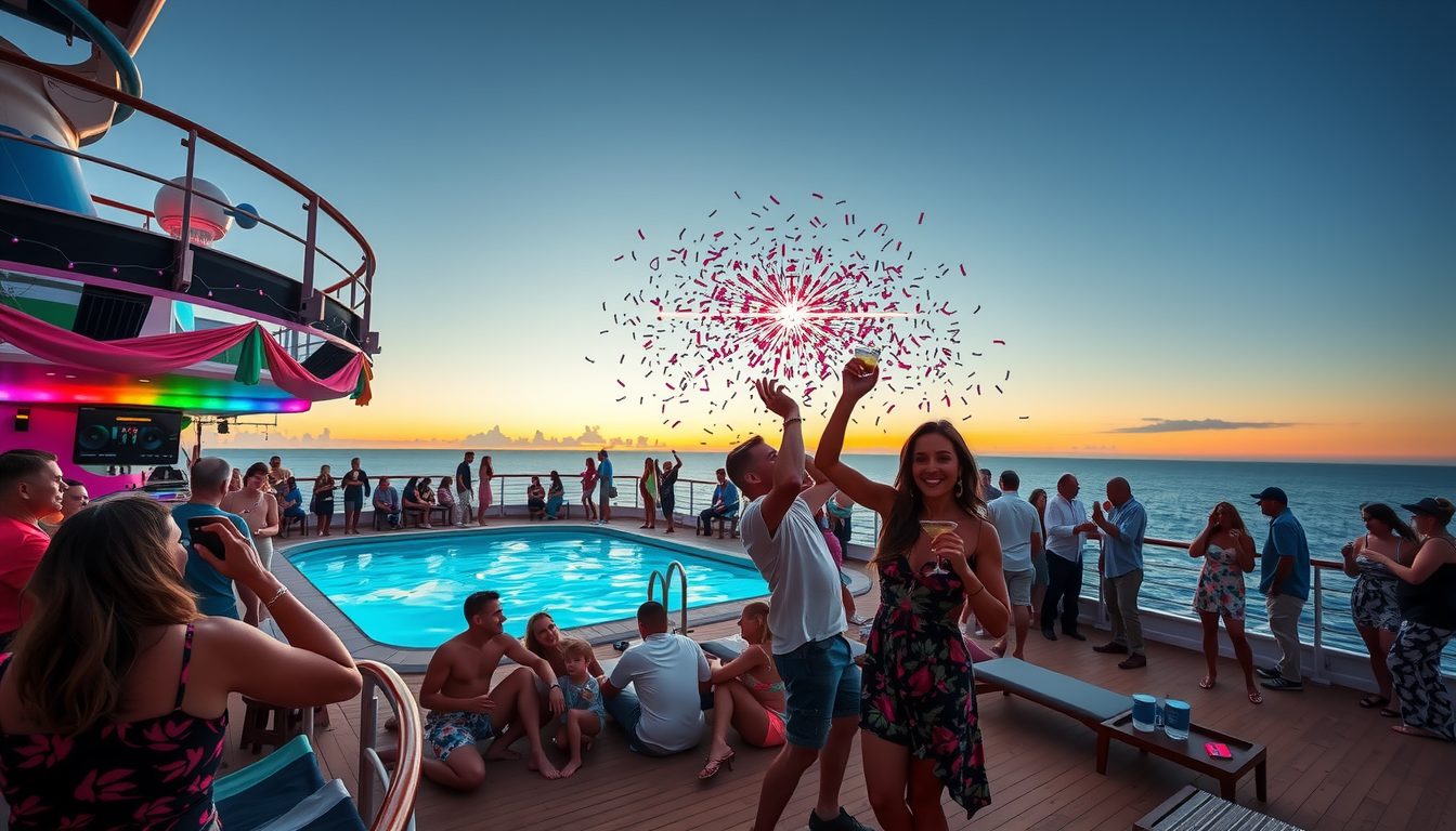A vibrant and energetic image capturing a lively deck party on a Carnival Cruise ship at sunset