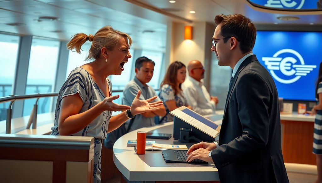 An angry woman yelling at a guest services agent at the guest services desk on a cruise ship