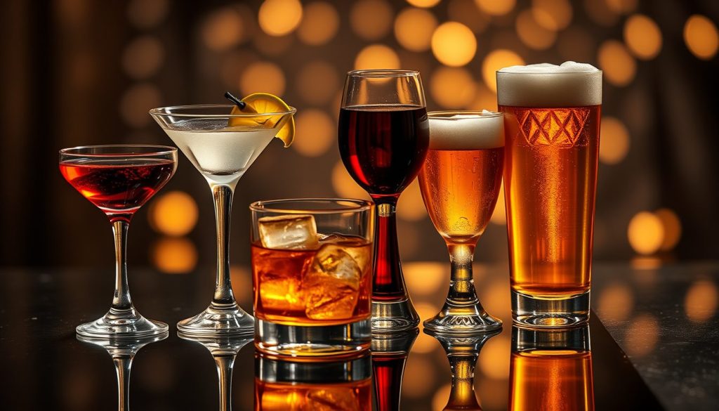 An artistic composition featuring a variety of alcoholic beverages arranged elegantly 1