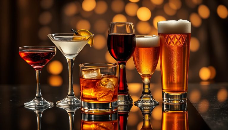 An artistic composition featuring a variety of alcoholic beverages arranged elegantly 1