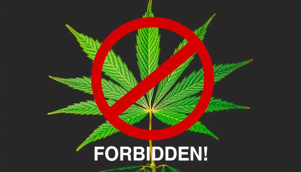 Image of a large marijuana leaf with a large red strikethrough circle at the bottom of the image is the word forbidden
