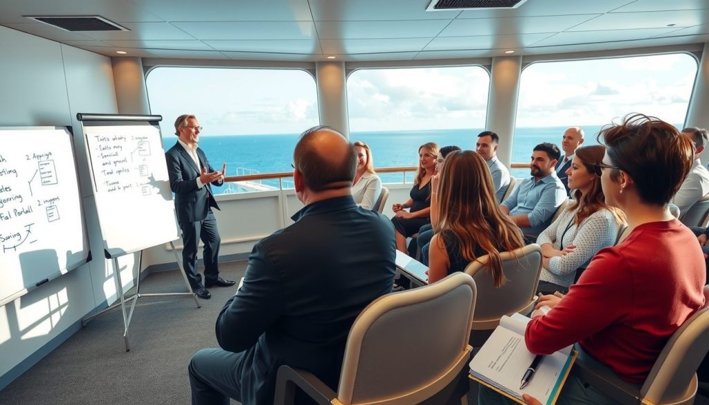 a group of people seated in a modern meeting space on a cruise ship