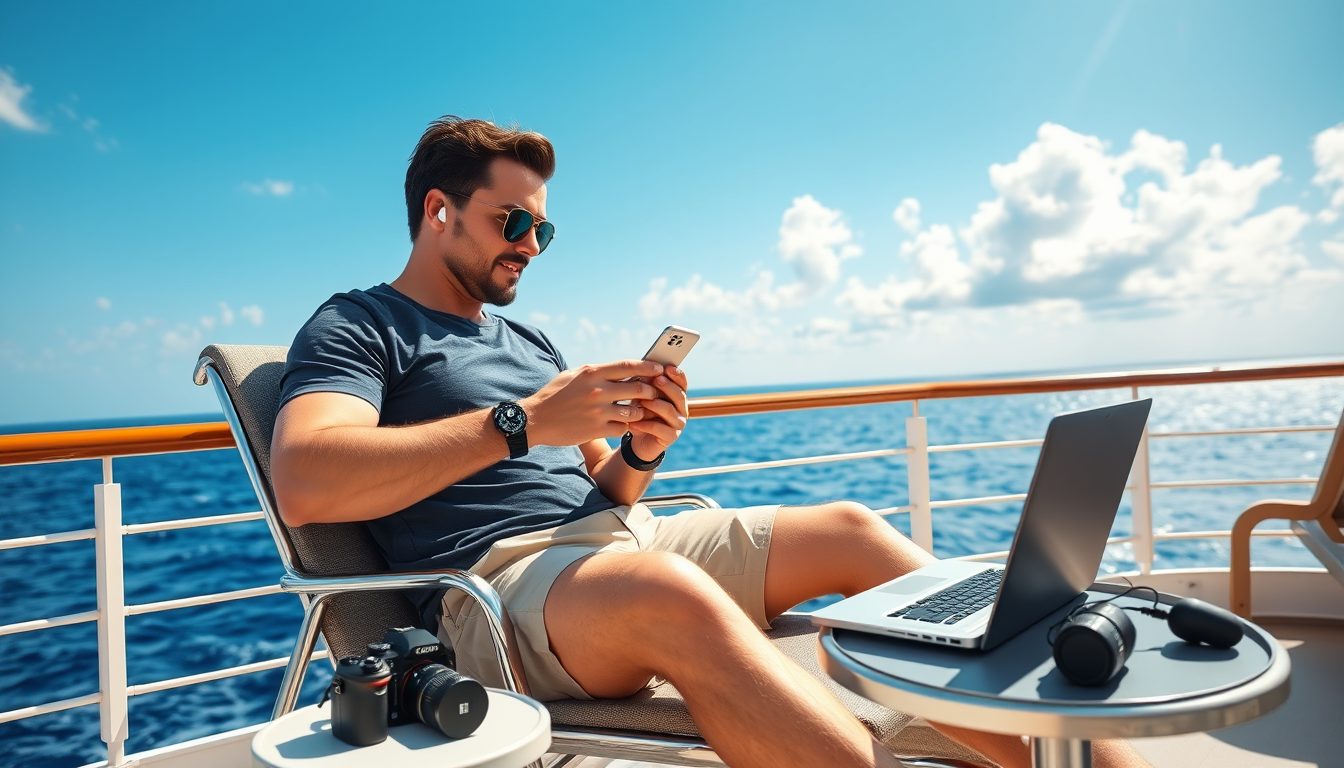 a man enjoying his time on a cruise ship while using various electronic devices