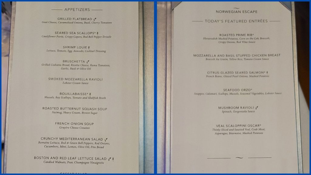 cruise ship menu from Norwegian Escape
