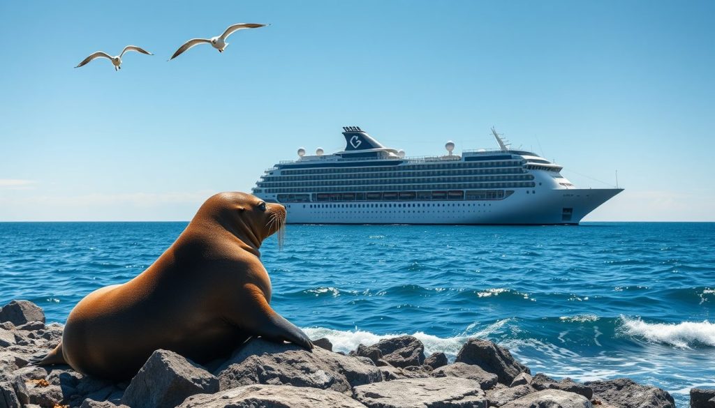 seal resting on a rocky shoreline with cruise ship in the background