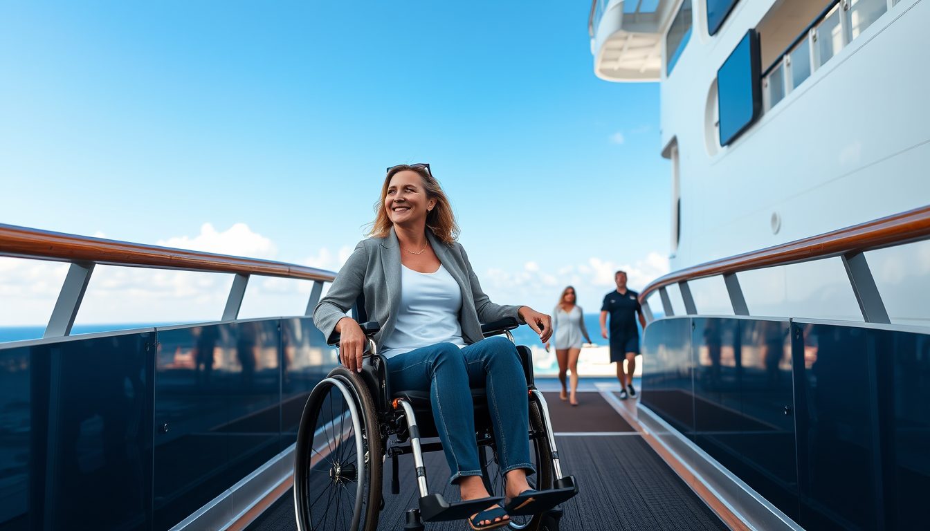 woman being rolled onto a cruise ship from the gangway in a wheelchair