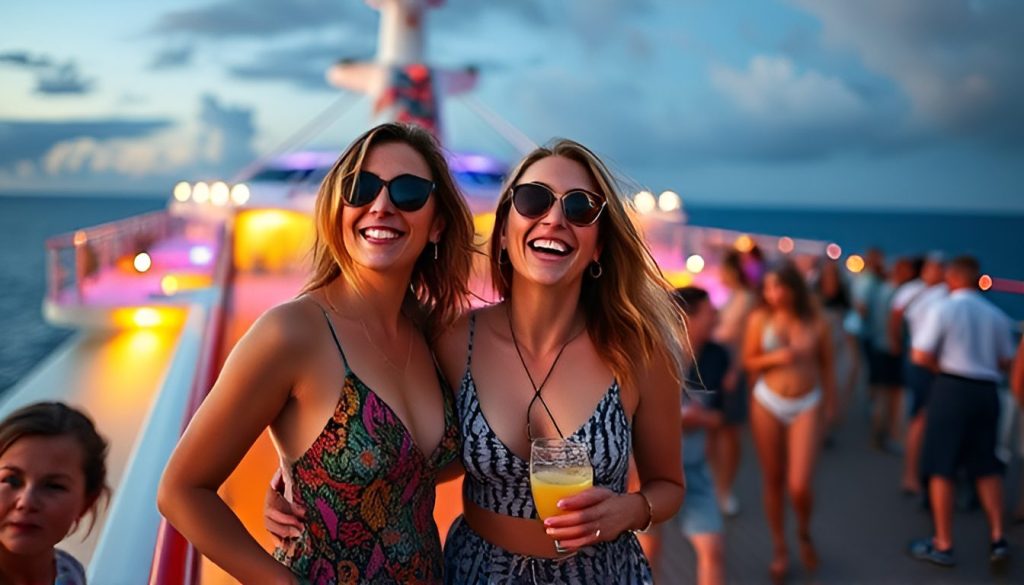 2 women enjoying deck party on cruise ship