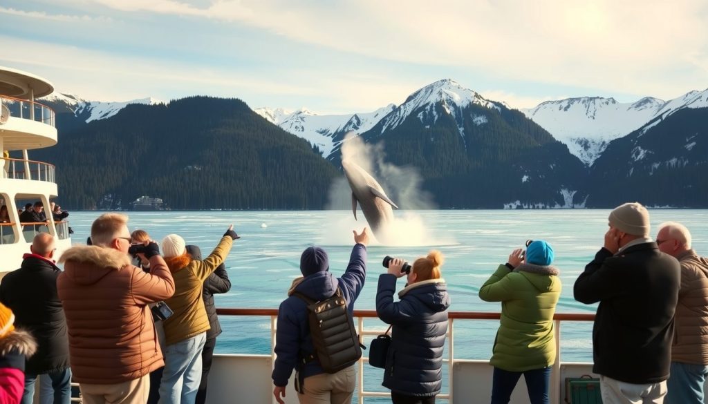 A breathtaking and immersive image of a group of passengers on the deck of a cruise ship in Alaska whale watching