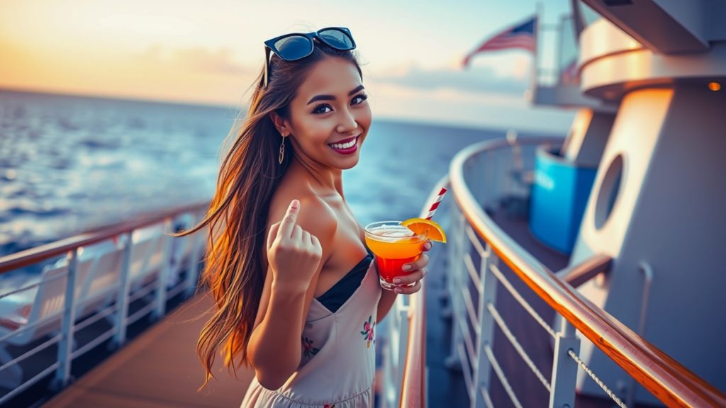 A captivating and playful image of a beautiful woman standing on the deck of a cruise ship holding a colorful drink 2a