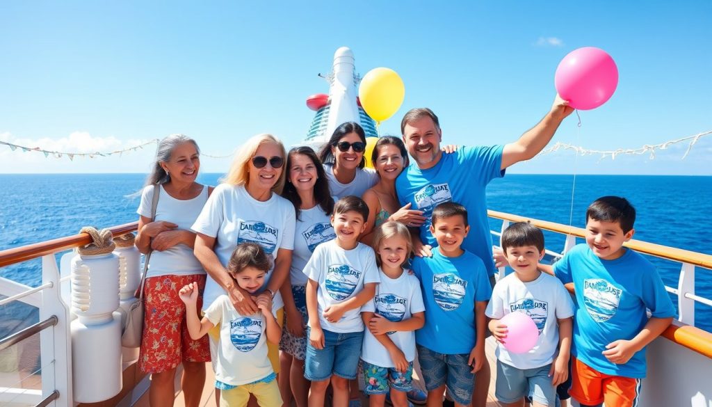 A heartwarming and vibrant image of a joyful family reunion on a cruise ship
