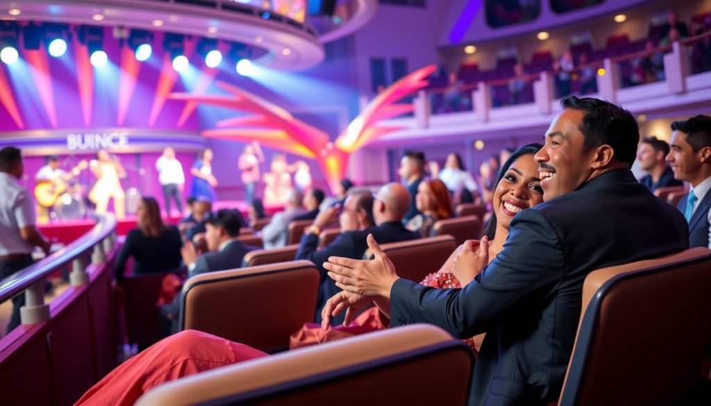A vibrant and joyful image of a Black couple enjoying a live concert at the grand theater on a cruise ship
