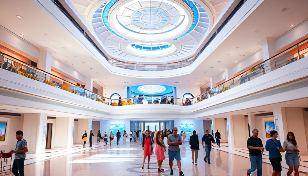 a bright luxury cruise ship grand atrium with whites and blues add people