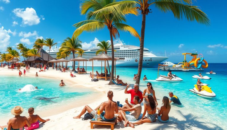 a lively scene on a cruise ship s private island