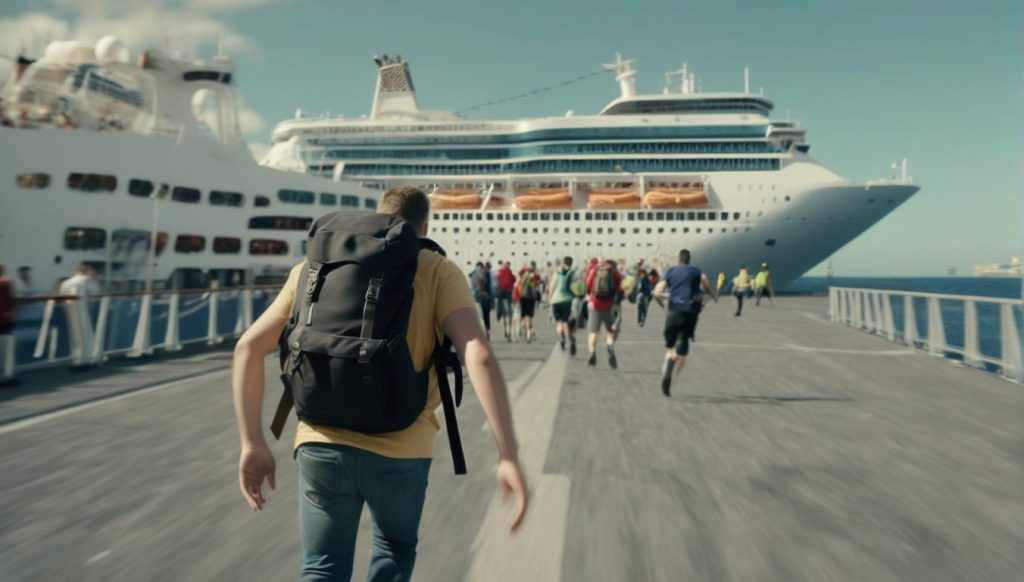 a panicked traveler with a backpack running down the port after a ship 1