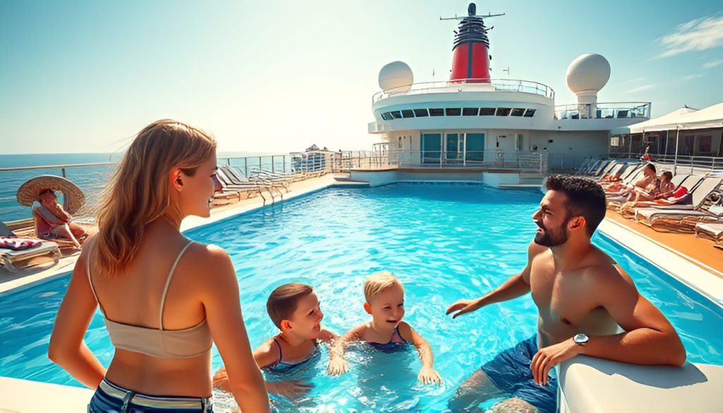 beautiful woman and attractive man with two children playing in the pool on the pool deck of a cruise ship