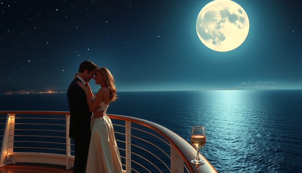 couple on a cruise ship at night standing on the deck under a starry sky 1