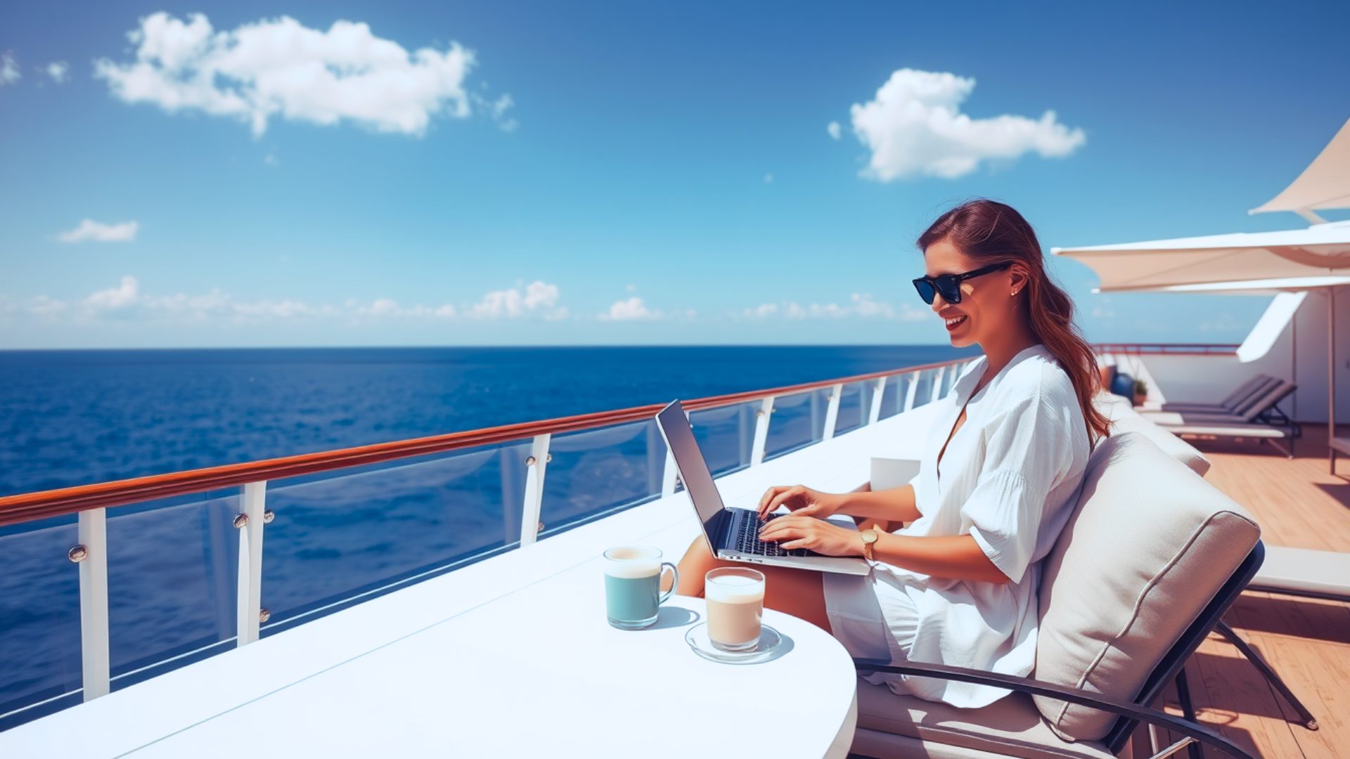 digital nomad working on a cruise ship deck with a laptop