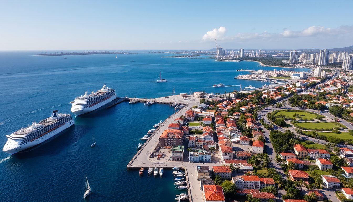 A breathtaking aerial view of the port at San Juan Puerto Rico showcasing massive cruise ships docked